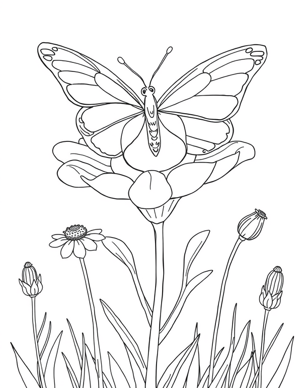 Butterfly Sipping Nectar from a Wildflower - black and white coloring page