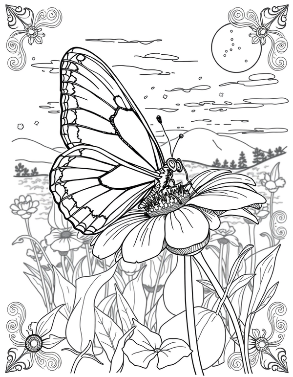 Butterfly Sleeping on a Flower at Dusk - black and white coloring page