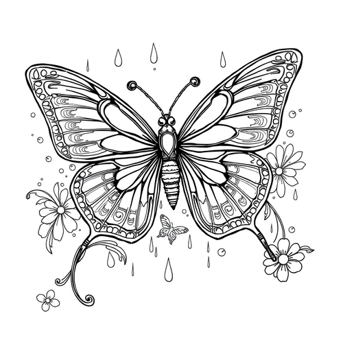Black and white coloring page of butterfly with raindrops on its wings