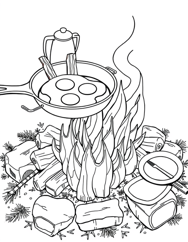 Camp Breakfast Cooking on an Open Fire black and white line art