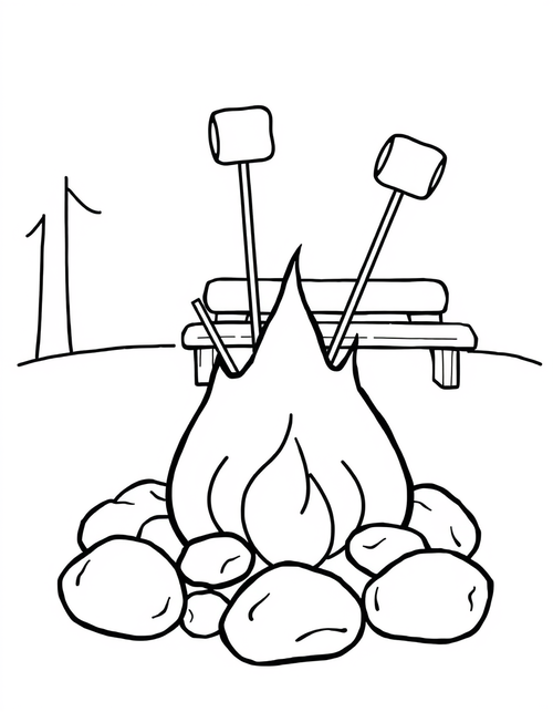 Campfire With Marshmallows on Sticks black and white line art