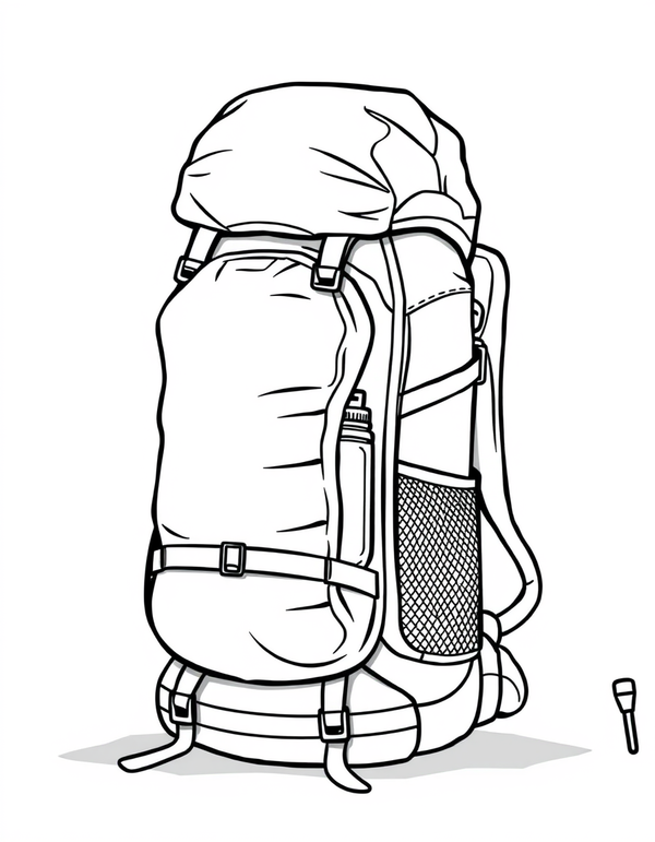 Camping Backpack Packed and Ready black and white line art