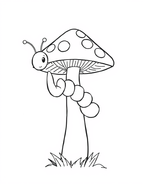 Caterpillar Crawling Up A Mushroom Stem black and white line art