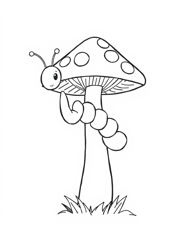 Caterpillar Crawling Up A Mushroom Stem black and white line art