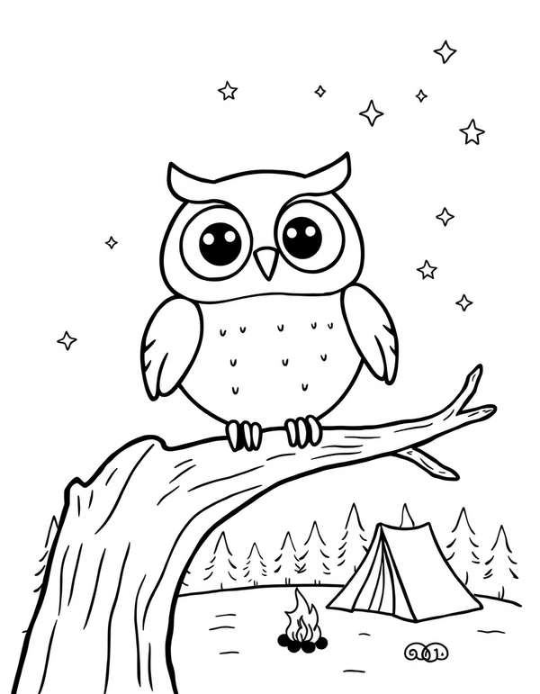 Cute Owl on a Branch at the Campsite black and white line art
