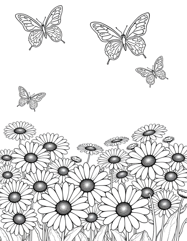 Black and white coloring page of daisy field with butterflies