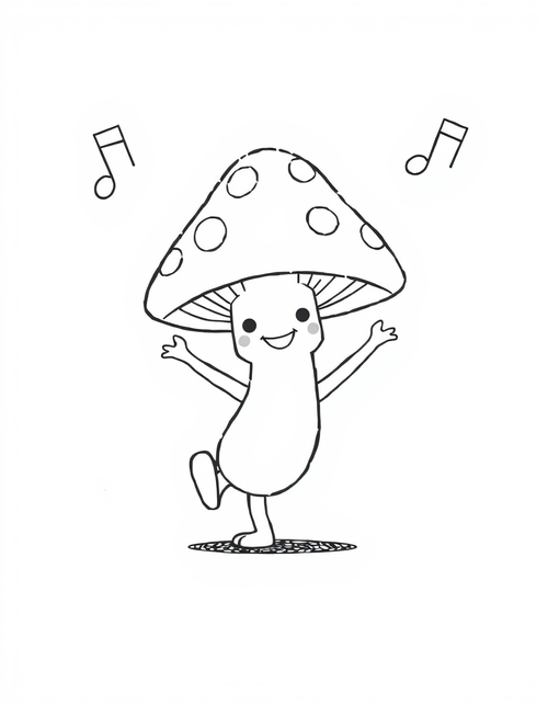 Dancing Mushroom With Its Arms Up black and white line art