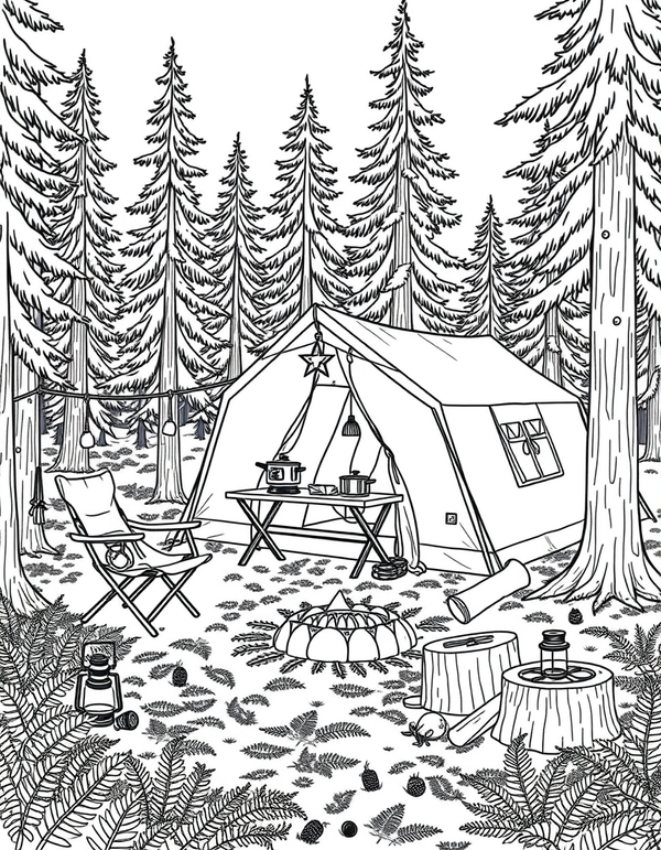 Detailed Forest Campsite With Gear Spread Around black and white line art