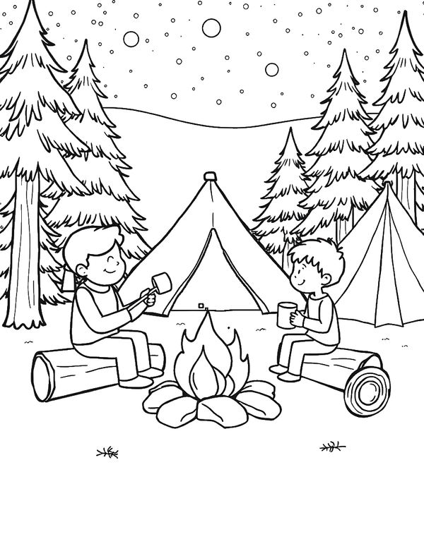 Family Camping Scene Around a Campfire black and white line art