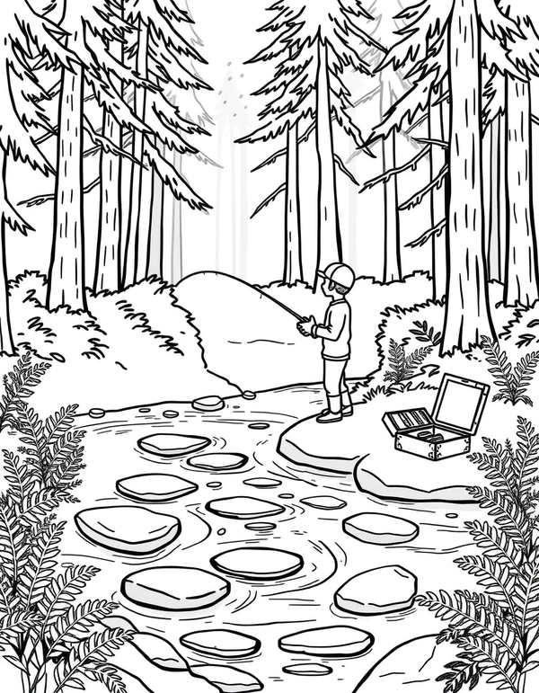 Fishing by a Forest Stream black and white line art