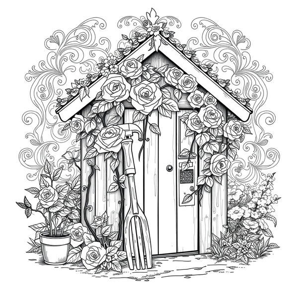 Black and white coloring page of garden tool shed with climbing roses