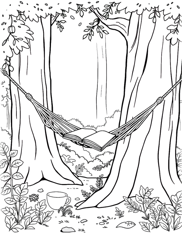 Hammock Between Two Trees at a Forest Camp black and white line art