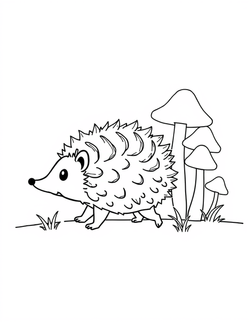 Hedgehog Walking Past Two Mushrooms black and white line art