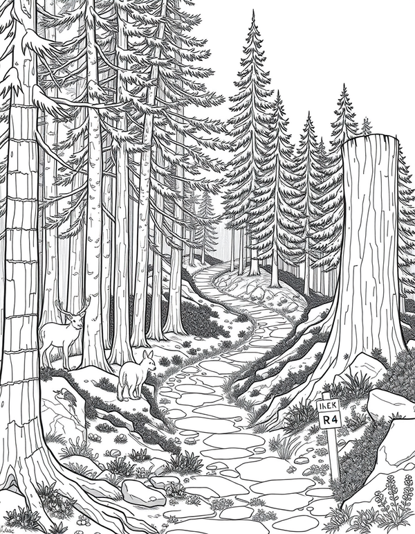 Hiking Trail Through Pine Forest With Wildlife black and white line art
