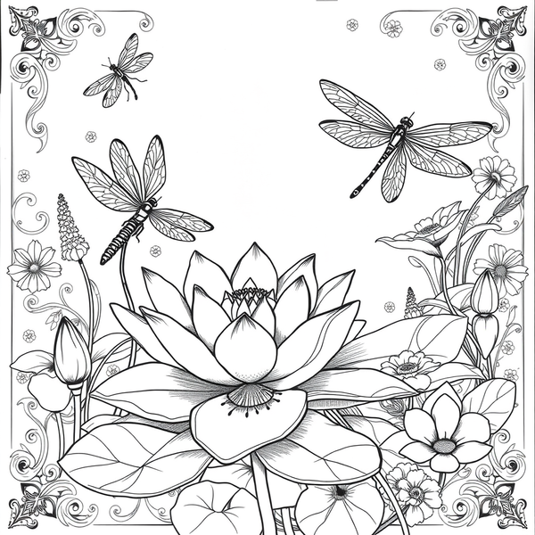 Black and white coloring page of lily pond with dragonflies