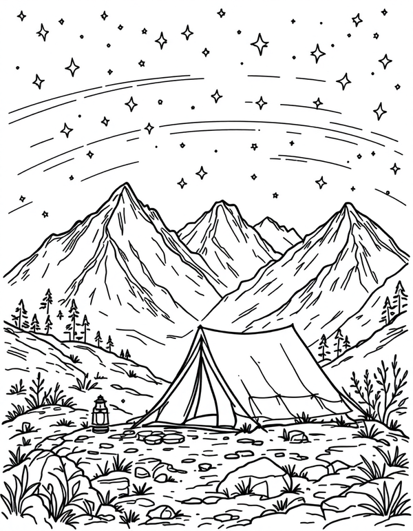 Milky Way Above a Mountain Campsite black and white line art