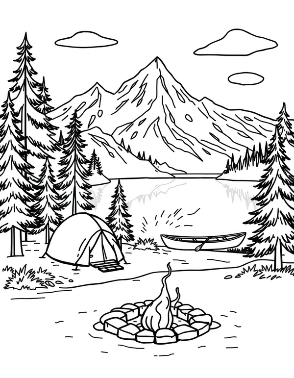 Mountain Lake Campsite With Tent and Canoe black and white line art