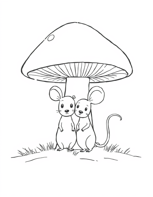 Mouse Family Sheltering Under A Mushroom black and white line art