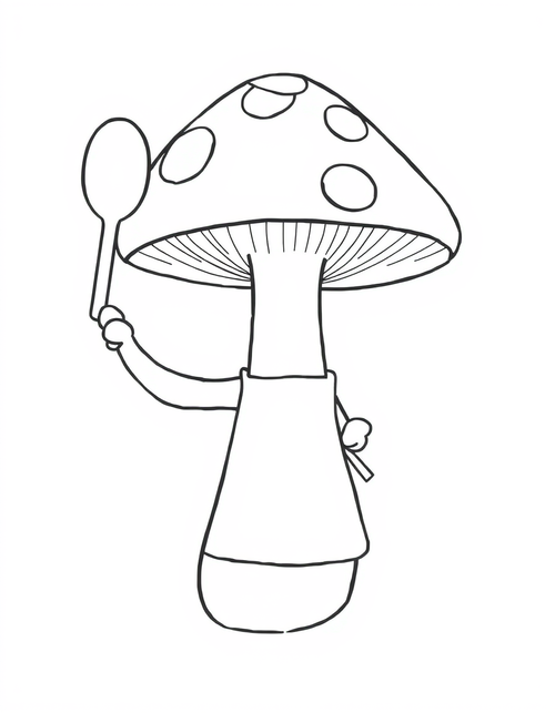 Mushroom Chef With A Wooden Spoon black and white line art