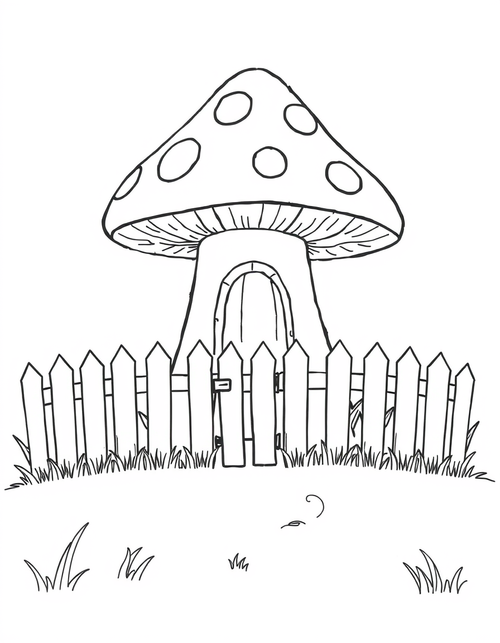 Mushroom Cottage With A Picket Fence black and white line art