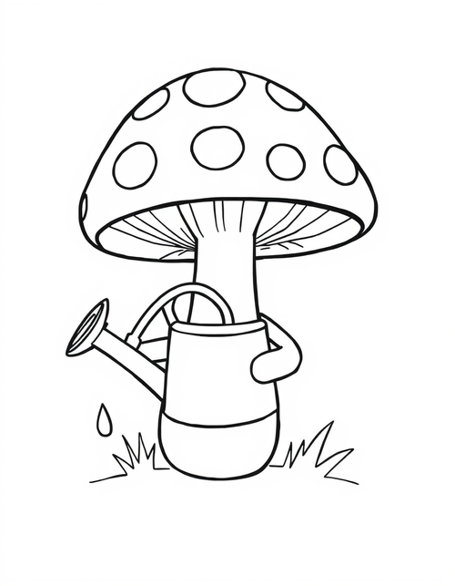 Mushroom Holding A Watering Can black and white line art