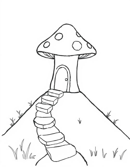 Mushroom House On A Mossy Hill black and white line art