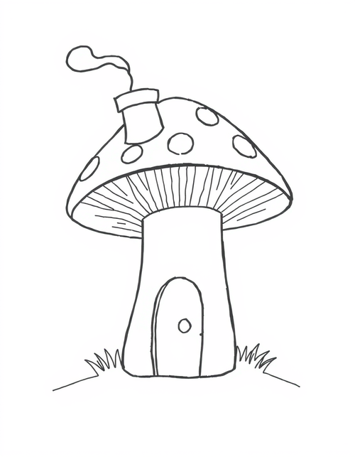 Mushroom House With A Chimney black and white line art