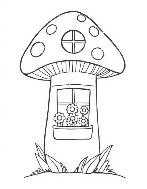 Mushroom House With A Flower Window Box black and white line art