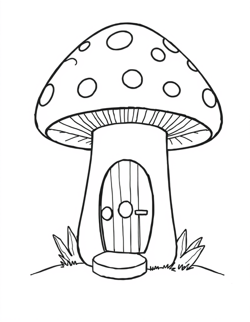 Mushroom House With A Round Front Door black and white line art