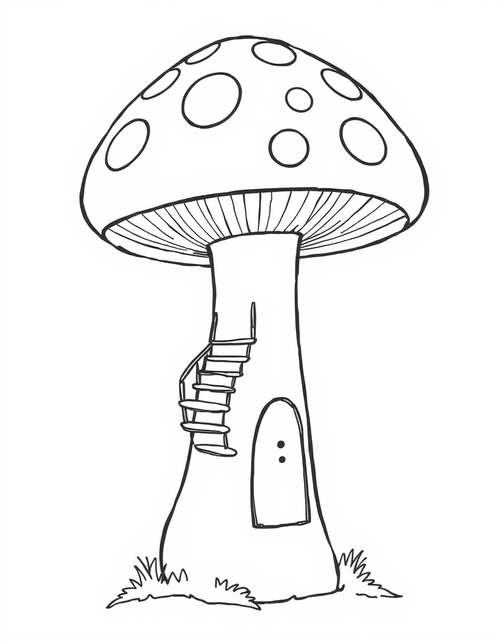 Mushroom House With A Spiral Staircase black and white line art