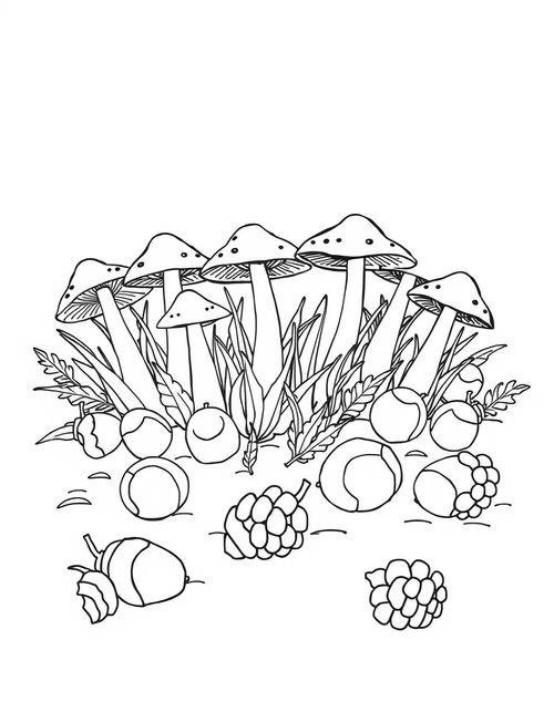 Mushroom Patch With Acorns And Pinecones black and white line art