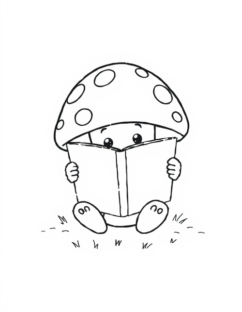 Mushroom Reading A Book black and white line art