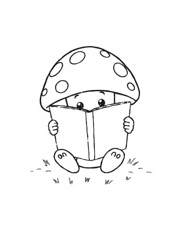Mushroom Reading A Book black and white line art