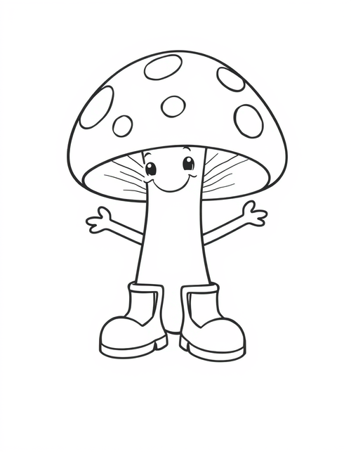 Mushroom Wearing Rubber Boots black and white line art