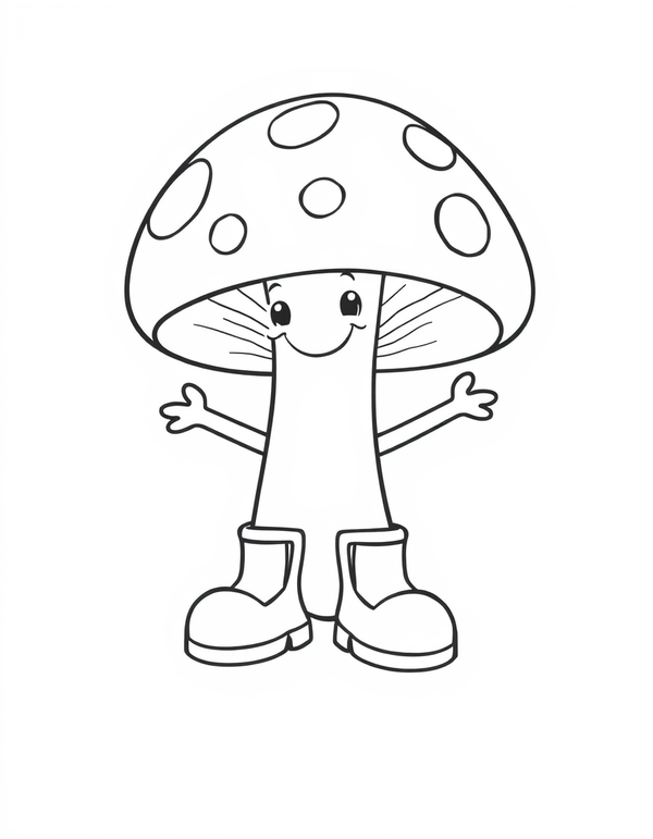 Mushroom Wearing Rubber Boots black and white line art