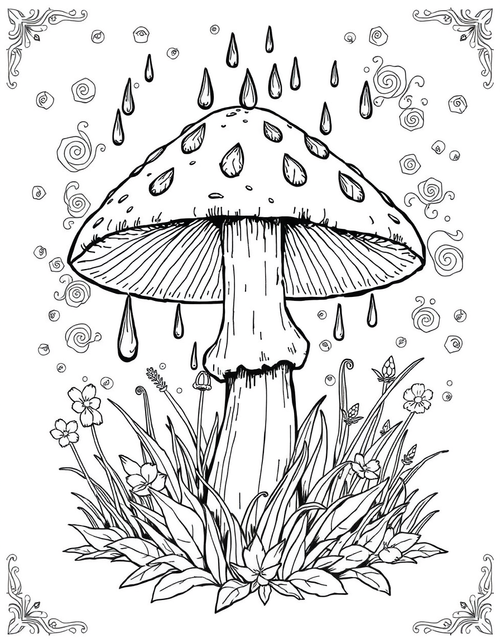 Mushroom With Raindrops In A Meadow - Free printable coloring page