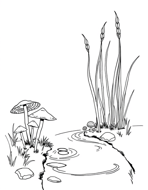 Mushrooms Beside A Forest Stream black and white line art