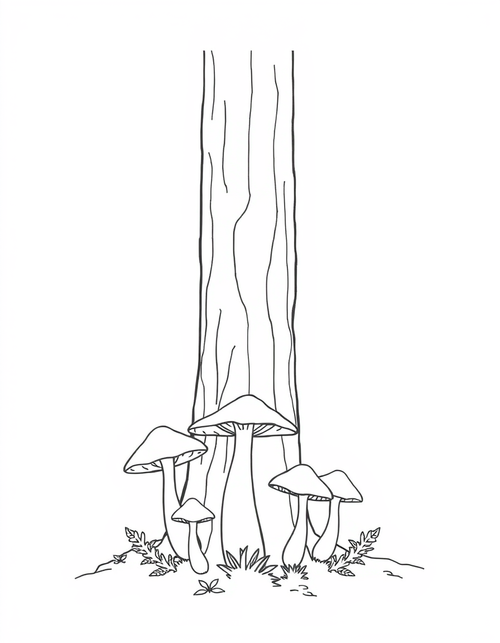 Mushrooms Growing Around A Tree Trunk black and white line art