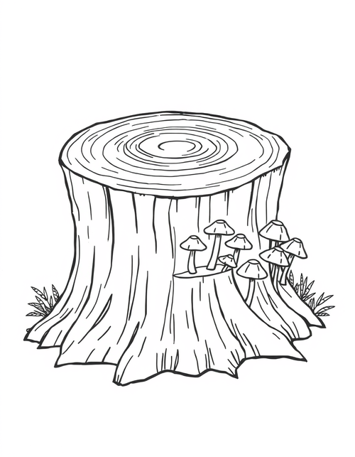 Mushrooms Growing On A Tree Stump black and white line art