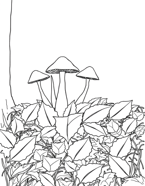 Mushrooms Poking Through Fallen Leaves black and white line art