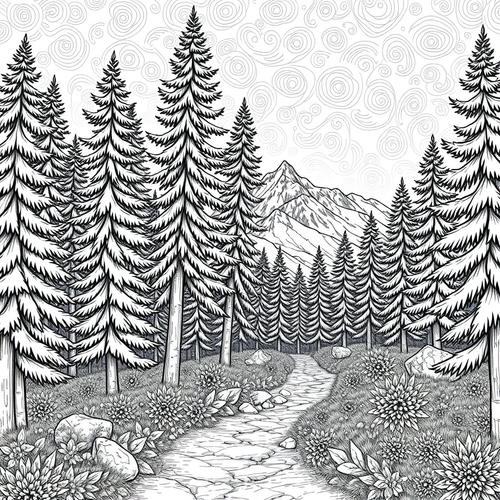 Black and white coloring page of pine forest path with mountain backdrop