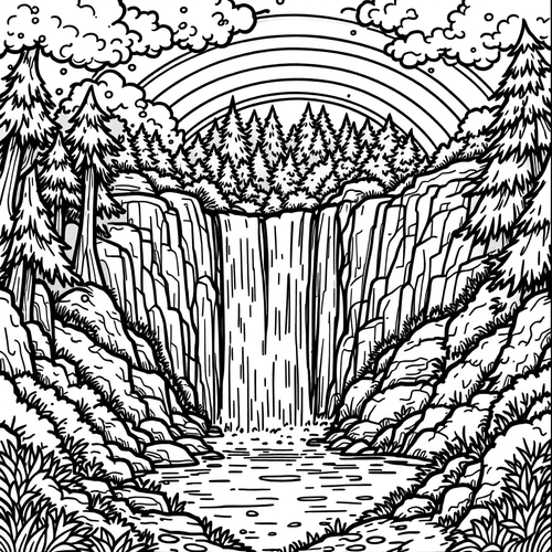Black and white coloring page of rainbow and waterfall with mist in a forest scene