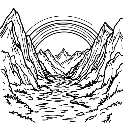 Black and white coloring page of rainbow connecting two mountains with a river below
