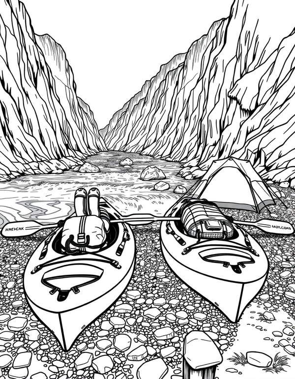 River Kayaking Campsite Expedition black and white line art