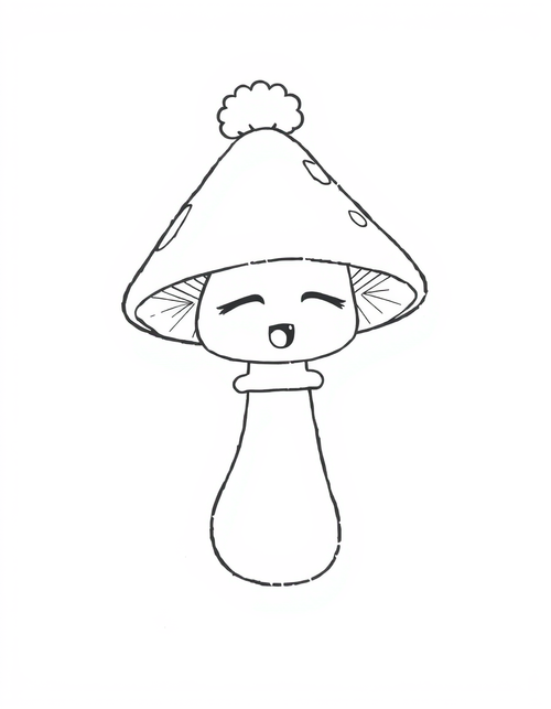 Sleepy Mushroom Wearing A Nightcap black and white line art