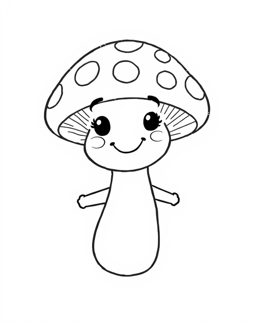 Smiling Cartoon Mushroom black and white line art