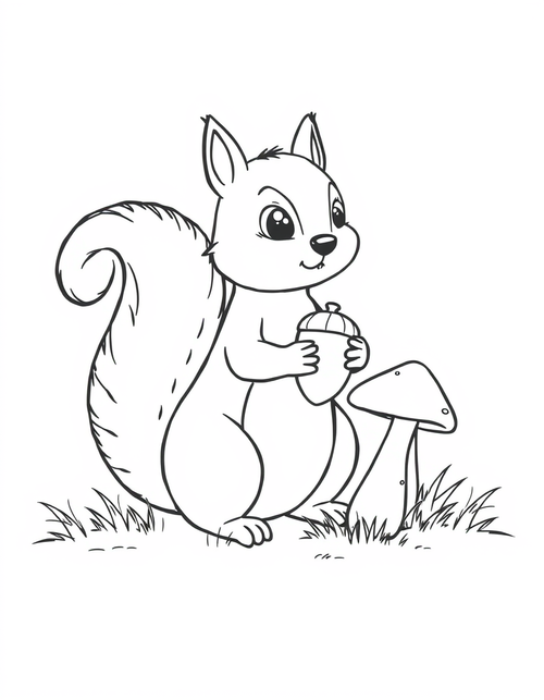 Squirrel Sitting Beside A Mushroom black and white line art