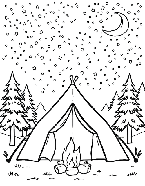 Starry Night Sky Above a Tent and Campfire black and white line art