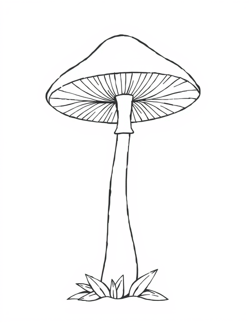 Tall Mushroom With A Wide Flat Cap black and white line art