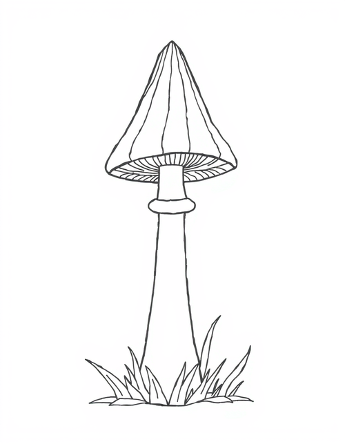 Tall Narrow Mushroom With A Pointed Cap black and white line art